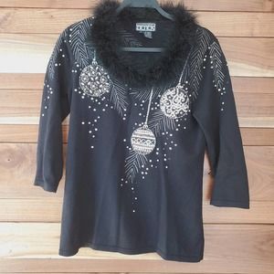 Berek 2 VTG Embellished Beaded Feather Collar Holiday Cardigan S Black Silver